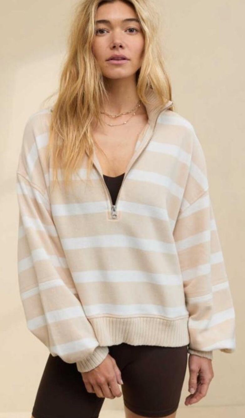 Aerie Sun's Out Size Small Quarter Zip Sweatshirt Tan White Striped